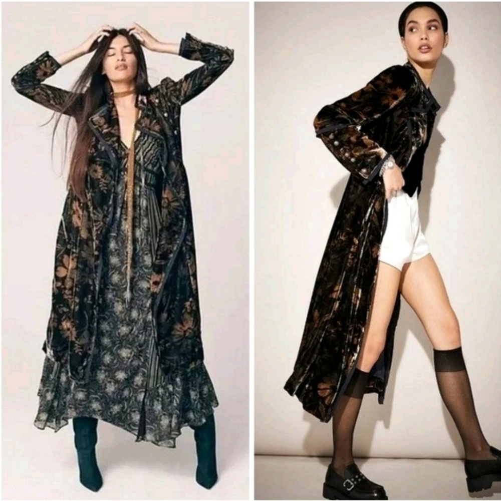 ๐๏ธ Free People Hazel Velvet Puff Sleeve Duster Long Jacket Medium Black Boho - Picture 16 of 16